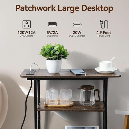 Narrow Side Table with USB-C Charging Station, 3-Tier Slim End Table with Magazine Holder, Modern Side Table for Couch or Small Spaces, Skinny Nightstand for Living Room or Bedroom