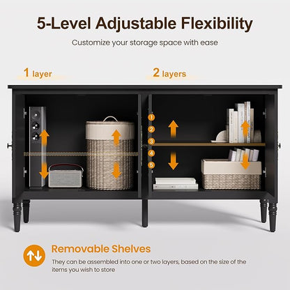 Console Cabinet, 58'' Mid Century Modern Pantry Sideboard, Wood Buffet Cabinet, Media Cabinet with 4 Doors, Accent Cabinet for Entryway, Living Room, Dining Room (Black)