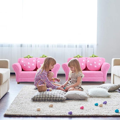 Costzon Kids Couch, Double Seat Pink Children's Sofa with 2 Strawberry Pillows, Toddler Armrest Chair for Bedroom, Living Room, Large Soft for Kids Loveseat Toy for Baby Girls Preschool Gifts Presents