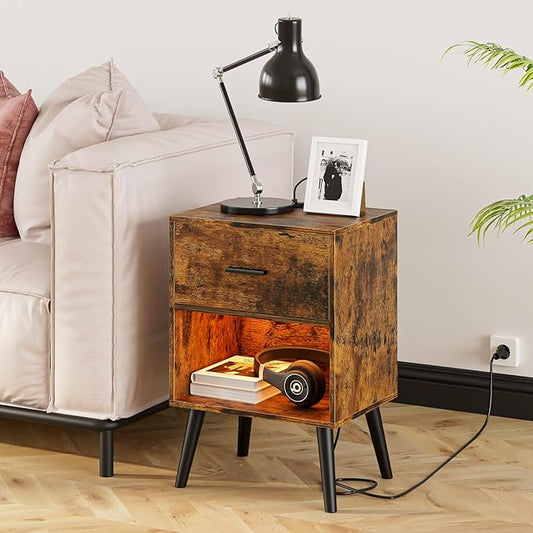 Nightstand with Charging Station and LED Lights, Small Side Table, Bedside Table with Drawer, Modern Night Stand, End Table for Bedroom, Living Room (Rustic Brown)