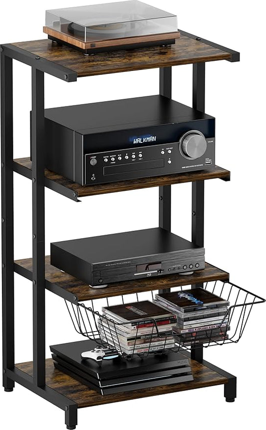 Media Stand with Detachable Baskets, 4-Tier AV Media Stand Corner Shelf for DVD Players/Cable Boxes/Games Consoles, Audio Storage Rack for Living Room, Gaming Room, Music Studio, Black