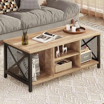 FATORRI Coffee Table for Living Room, Rustic Wood Center Table with Shelves, Farmhouse Rectangle Cocktail Tea Tables (Rustic Oak)