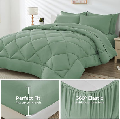 HEVUMYI Light Green Cali-King Comforter Set - 7-Piece All Season Bed in a Bag Cali-King, Ultra Soft Bedding Set with Comforter, Flat Sheet, Fitted Sheet, Pillowcases, Pillow Shams