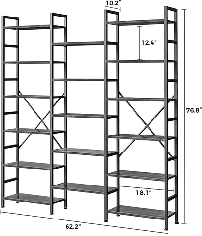 SUPERJARE Triple 6 Tier Bookshelf, Bookcase with 17 Open Display Shelves, Wide Book Shelf Book Case for Home & Office, Grey