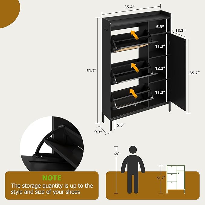 GarveeHome Shoe Cabinet Rattan with 3 Flip Drawers and 4-Tier Shoe Storage Cabinet, Freestanding Shoe Organizer with Adjustable Shelves for Entryway, Closet, Hallway (Black)