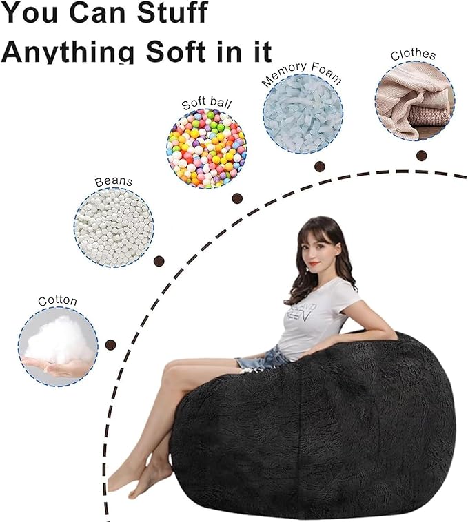 BCU Oversized Bean Bag Cover With Embroidered Words Comfy Beanbag Chair for Adults Without Filler Faux Fur Lazy Sofa Cover for Living Room Chairs, Black, 5FT