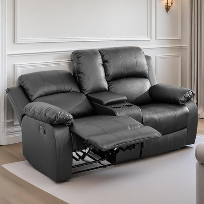 Loveseat Recliner Sofa, Reclining Loveseat Leather Couch with Storage Console, Modern Comfy Home Theater Seating Power Recliner Chair with Cup Holders for Living Room Furniture Sets, Black