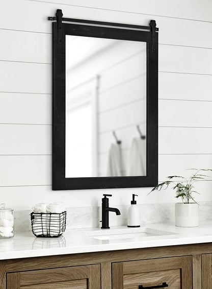 Kate and Laurel Cates Rustic Wall Mirror; 24 x 38; Black; Distressed Farmhouse Wall Decor with Rolling Barn Door Design