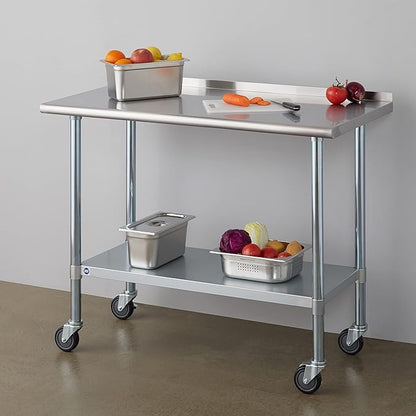 Stainless Steel Table for Prep & Work with Caster & Backsplash 24x48 Inches, NSF Metal Commercial Kitchen Heavy Duty Table with Adjustable Under Shelf and Table Foot for Restaurant, Home and Hotel