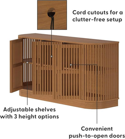 Plank+Beam Contour Wood TV Stand, Three Door Solid Wood Entertainment Console with Storage, 59" L x 16" W x 30" H, Pecan