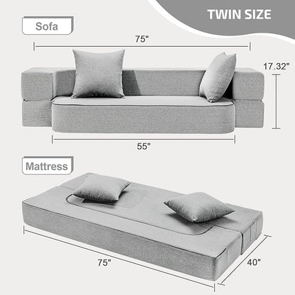 2-in-1 Folding Sofa Bed with Pillows - Folding Chair Floor Couch & Sleeping Mattress - Washable Cover & Memory Foam Sleeper Chair for Living Room/Guest Room/Apartment/Loft, Light Gray, Twin