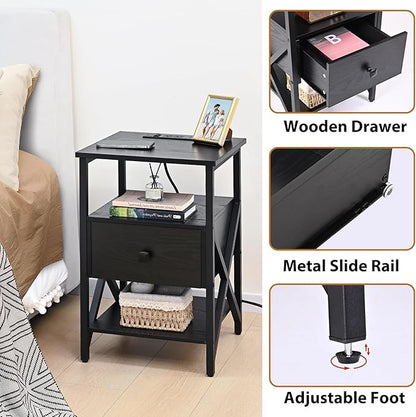 Side Tables with Charging Station, Black Charging End Table Bedside Table with Outlets, Nightstands with Wood Drawer, Night Stand with Storage for Bedroom, Living Room