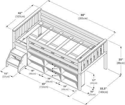 Max & Lily Soren Ultra Low Loft Bed, Twin Bed Frame for Kids with Bookcase, White