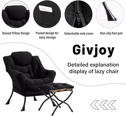Cozy Lazy Chair and Ottoman, Large Contemporary Accent Lounge Chair Set, Leisure Upholstered Reading Armchair for Bedroom, Living Room, Dorm Rooms, Office