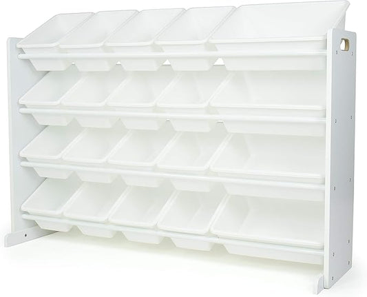 Humble Crew Extra-Large Toy Organizer with 20 Plastic Bins – White/White Storage Rack with 4-Tier Shelves, Anti-Tip Safety, for Kids’ Rooms, Playrooms, Nurseries & Classrooms