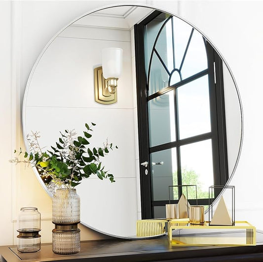 Silver Round Bathroom Mirror, 30 inch Circle Wall Mounted Hanging Mirror with Simple Modern Circular Metal Frame for Hallway, Entryway, Living Room, Silver Frame