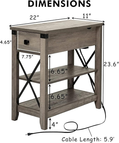 Narrow End Table with Charging Station Farmhouse Slim Side Table with USB Ports and Power Outlets, Nightstand with Flip Top and Storage Drawer, for Small Spaces Living Room Bedroom, Gray