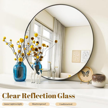 Black Round Bathroom Mirror, 48 inch Large Circle Wall Mounted Hanging Mirror with Simple Modern Circular Metal Frame for Hallway, Entryway, Living Room, Black Frame