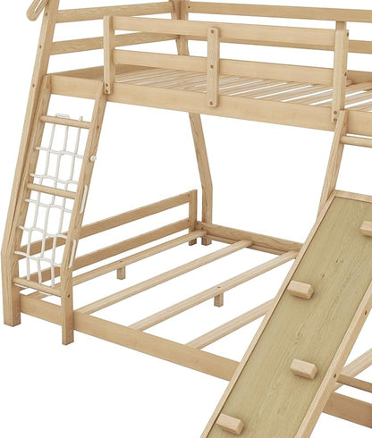 Twin Over Queen House Bunk Bed with Climbing Nets and Climbing Ramp for Kids Teens Boys Girls,Solid Wood Bunk Bed Frame with Safety Guardrails,Playful Design,Natural