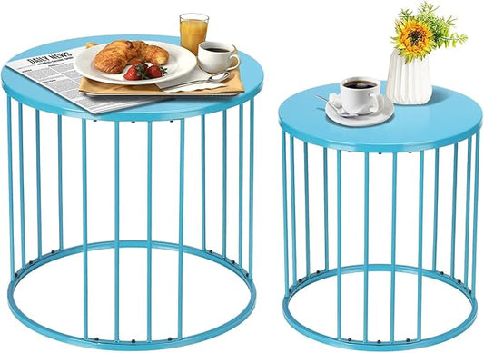 SUNNYPARK Outdoor Side Table Set of 2, Metal Circle Accent End Tables for Balcony Backyard Garden Indoor Living Room, Durable Black Nesting Coffee Tables, 20”+16” Dia