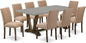 East West Furniture V797AB747-9 9 Piece Dining Table Set Includes a Rectangle Kitchen Table with V-Legs and 8 Light Sable Linen Fabric Upholstered Chairs, 40x72 Inch, Multi-Color