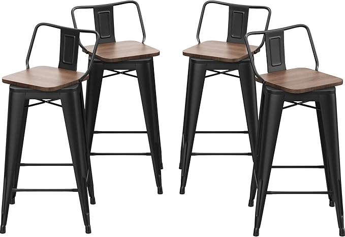 24 Inch Swivel Bar Stools Set of 4 with Backs Counter Height Industrial Metal Barstools Island Bar Chairs for Home Kitchen Dining Room (Swivel 24 inch,Matte Black Wooden)