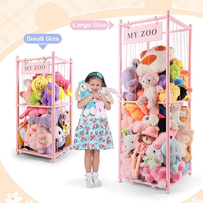Stuffed Animal Storage Zoo, Wooden Stuffed Animal Organizer with Elastic Cords for Boys Girls, Space Saving Toy Plushies Storage Holder for Playroom, Bedroom, Living Room (Pink, Small)