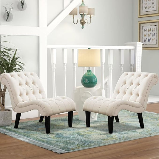 Yongqiang Accent Chairs for Living Room Set of 2 Upholstered Tufted Bedroom Chairs Curved Armless Side Chairs with Wood Legs Linen Fabric