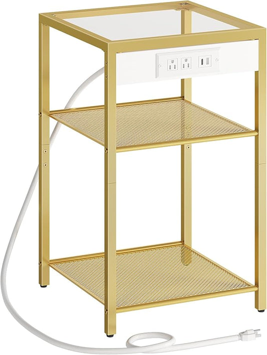 HOOBRO End Table with Charging Station, Side Table with USB Port & Power Outlets, 3-Tier Slim Nightstand with Storage Shelves, Tempered Glass, for Living Room, Bedroom, Gold GD77UBZ01