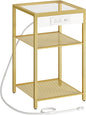 HOOBRO End Table with Charging Station, Side Table with USB Port & Power Outlets, 3-Tier Slim Nightstand with Storage Shelves, Tempered Glass, for Living Room, Bedroom, Gold GD77UBZ01