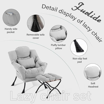 Lazy Chair with Ottoman, Modern Lounge Chair with Lumbar Pillow, Accent Cozy Reading Armchair and Folding Footstool for Bedroom, Dorm, Living Room,Light Grey