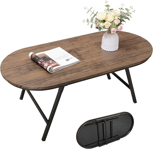 Folding Coffee Table for Small Spaces Wood and Metal Oval Coffee Table Portable Low Coffee Tables for Living Room, Home, Office, Light Brown
