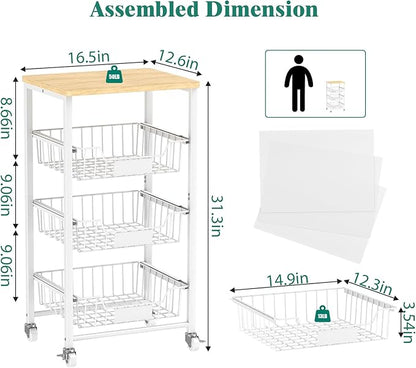 Fruit Vegetable Basket for Kitchen Pantry Storage Organizer, 4-Tier Metal Utility Kitchen Rolling Cart on Wheels with Drawer Rack and Wood Top for Potatoes Onions