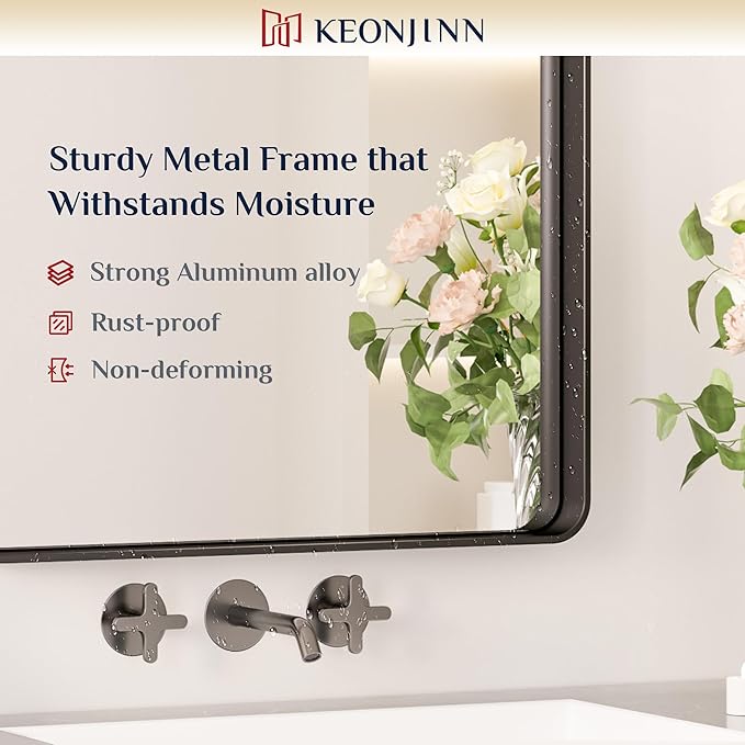 Keonjinn Black Bathroom Mirror for Over Sink, 60” x 28” Large Rounded Rectangle Bathroom Vanity Mirror, Matte Black Modern Decorative Framed Mirror, Anti-Rust, HD Tempered Glass(Horizontal/Vertical)
