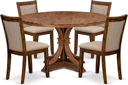 I7MZ5-50N-04 5-Pc Dining Room Set Includes a Pedestal Round Table and 4 Light Tan Polyester Fabric Padded Chairs with Padded Back - Antique Walnut Finish