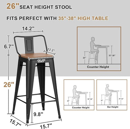26 Inch Swivel Bar Stools Set of 4 with Backs Counter Height Industrial Metal Barstools Island Bar Chairs for Home Kitchen Dining Room (Swivel 26 inch,Matte Black Wooden)