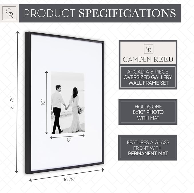 Camden Reed Arcadia 8 Piece Oversized Gallery Wall Frame, 16x20 and 16x16 Inch Matted Frames for Featuring 8x10 and 5x7 Inch Photographs or Art Prints, Black Finish