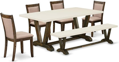 East West Furniture V727MZ716-6 6 Piece Dining Set Contains a Rectangle Dining Room Table with V-Legs and 4 Dark Khaki Linen Fabric Upholstered Chairs with a Bench, 40x72 Inch, Multi-Color