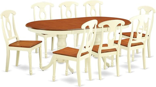 East West Furniture PLKE9-WHI-W 9 Piece Dining Table Set Includes an Oval Dinner Table with Butterfly Leaf and 8 Dining Room Chairs, 42x78 Inch, Buttermilk & Cherry