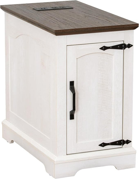 Narrow Side Table with Charging Station,13.8" W End Table with Storage for Sofa Couch or Bed Side with Outlets & USB Ports,Farmhouse Nightstand for Bedroom, Living Room (White & Walnut)