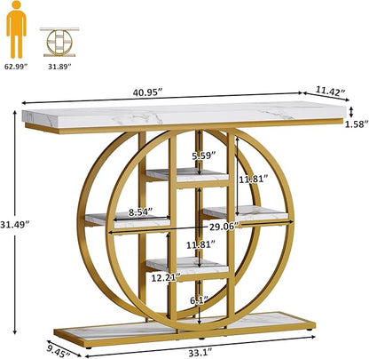 41" Console Table, 4-Tier Entryway Table with Circle Base, Industrial Narrow Wood Sofa Accent Tables with Storage Shelves for Living Room, Hallway, Foyer (White Gold)