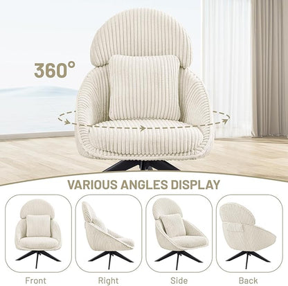 Furniliving Modern Accent Chair Upholstered Swivel Desk Chair for Living Room, Sofa Chair for Bedroom Armchair Side Chair with Headrest Bedroom Chair with Pillow Comfy Corduroy Chairs, Beige