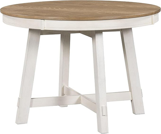 Need Extendable Farmhouse Round Dining Table with 16" Leaf - Solid Wood Kitchen Table, Adjustable Size for Small Spaces (Oak + White)
