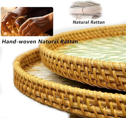 Rattan Round Side Table, Mother of Pearl Inlay Table,Round End/Side Tables for Living Room, Bedrooms, Pedestal Plant Stand for Balcony (Green)