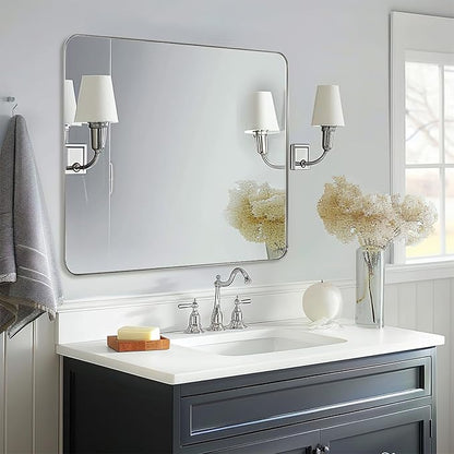 ANDY STAR Square Brushed Nickel Mirror for Bathroom, 24”x24” Silver Metal Frame Wall Mirror, Rounded Corner Stainless Steel Mirror Hangs Horizontal Or Vertical