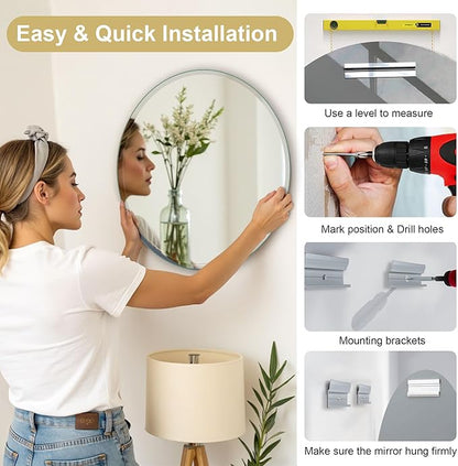 28" Frameless Beveled Round Mirror with 1" Edge for Bathroom, Entryways, Vanity, Wall Decor