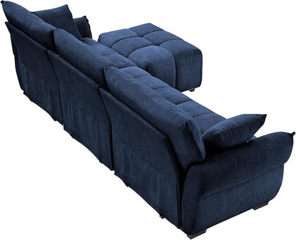 Modern Chenille Fabric 3-Seat Sofa w/Ottoman+2 Pillows, Premium Upholstery Living Room Couch with Tufted Backrest & Comfortable Armrests and High-Resilience Memory Foam Cushions,Blue