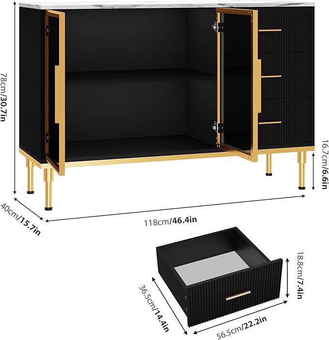 Buffet Sideboard Cabinet with Storage, 46.4" Large Fluted Kitchen Sideboard Cabinet with 2 Glass Doors 3 Drawers and Shelves, Faux Marble Top Buffet Table for Dining Room, Living Room, Black