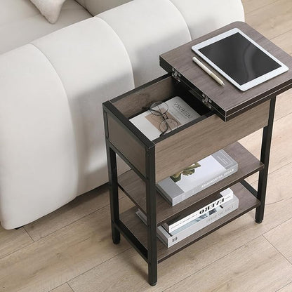Modern End Table with Charging Station, Narrow Side Table with USB Ports & Outlets, Flip-Top Nightstand with Storage Shelf, Small Bedside Table for Living Room, Bedroom, Small Space, Charcoal Gray