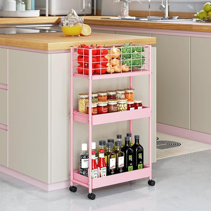 KINGRACK 3-Tier Rolling Utility Cart with Wheels, Metal Slim Storage Cart, Bathroom Multifunctional Storage Organizer, Mobile Shelving Unit for Kitchen, Office, Laundry Room, Narrow Place, Pink